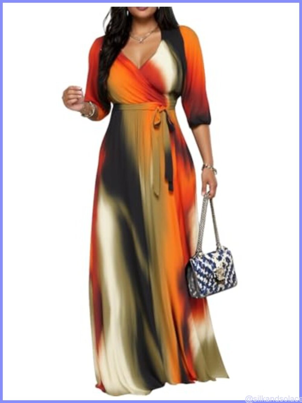 Plus Size Maxi Dress 3/4 Sleeve Wrap V-Neck Tie-Dye with Belt